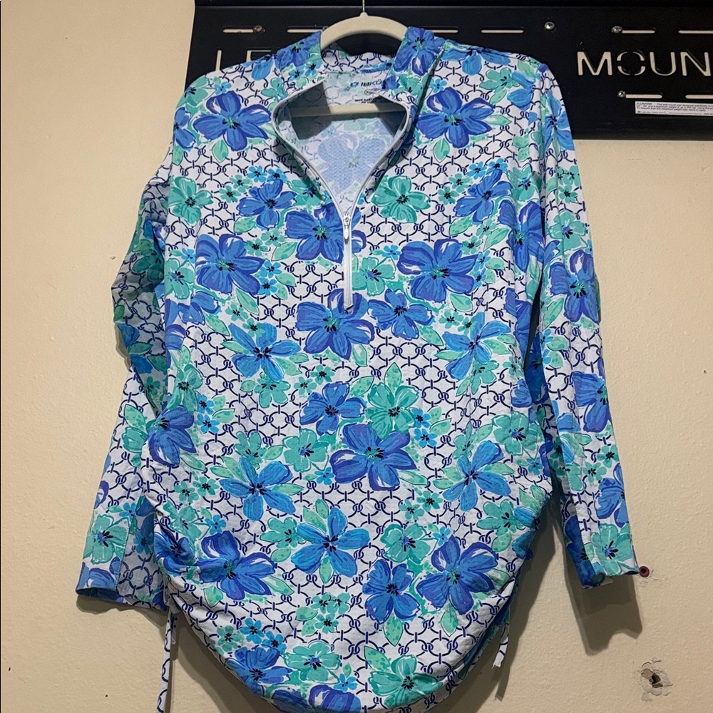 IBKUL Blue Teal Floral Half-Zip Swim Coverup